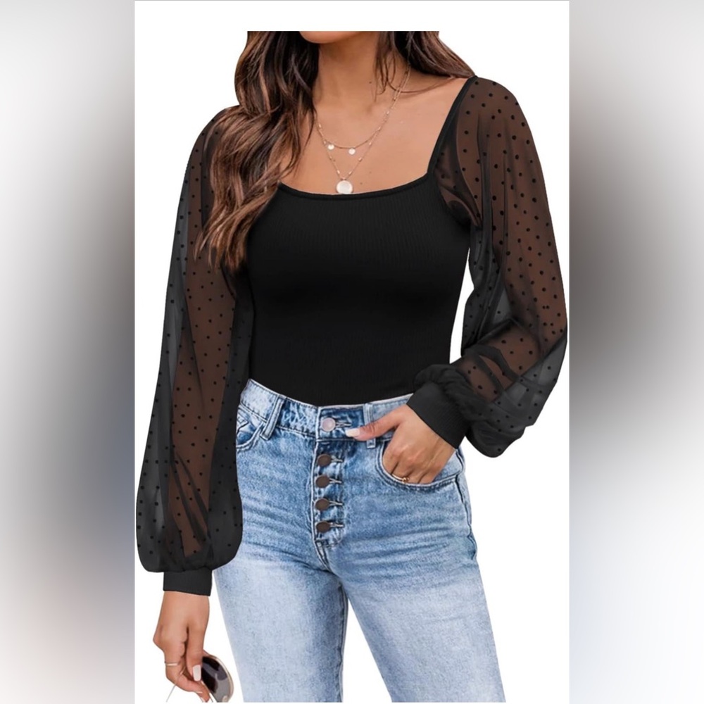 Black Ribbed Square Neck Top w/ Sheer Polka Dot Puff Sleeves – L – NWT